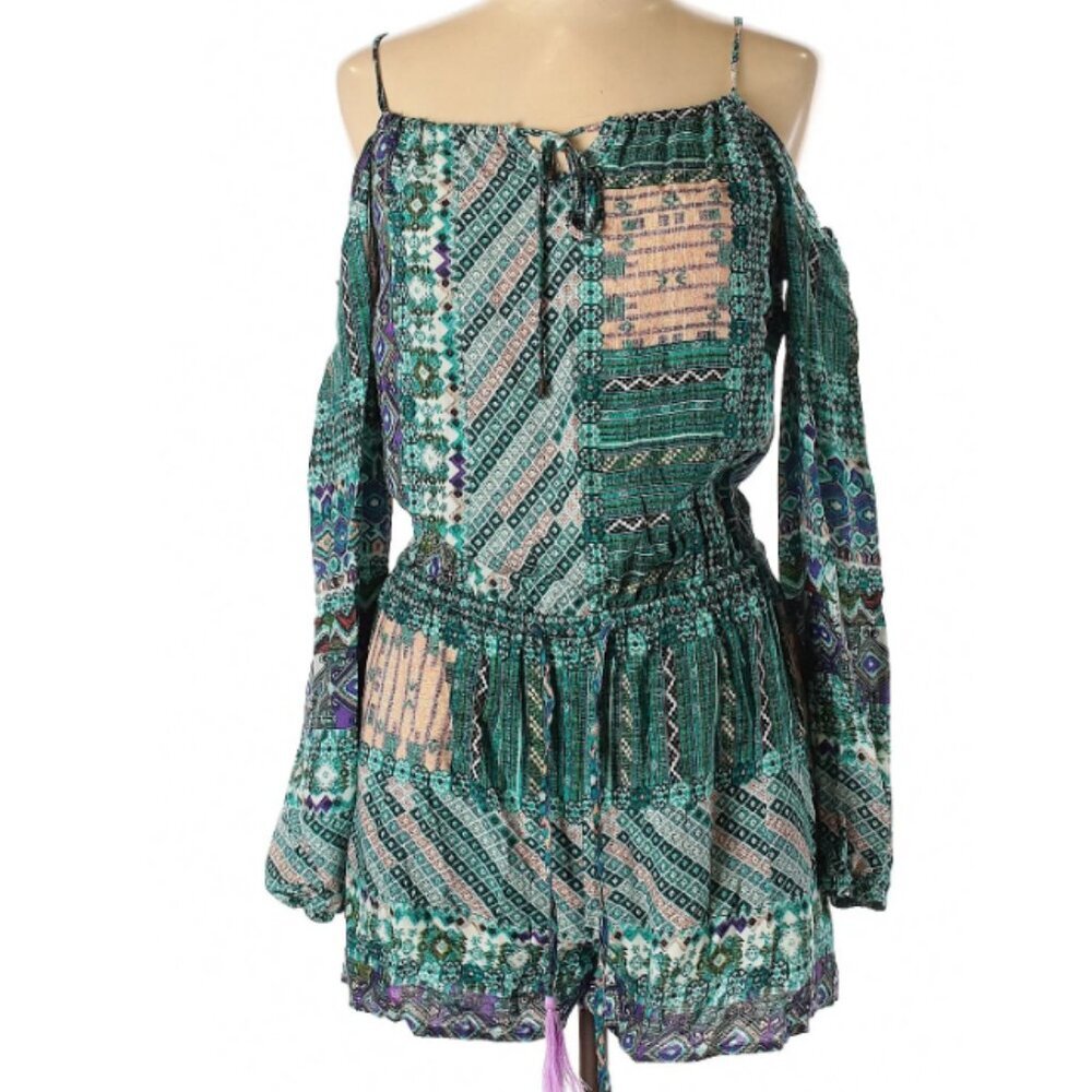 Umgee‎ Emerald Green Boho Cold Shoulder Romper Tassel Sz Large Festival Bohemian